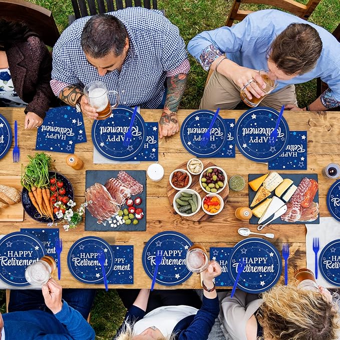 96Pcs Blue Retirement Plates and Napkins Blue Silver Retirement Party Decorations Blue Happy Retirement Party Supplies Disposable Party Paper Cake Dessert Plates for Men Woman Serves 24 Guests