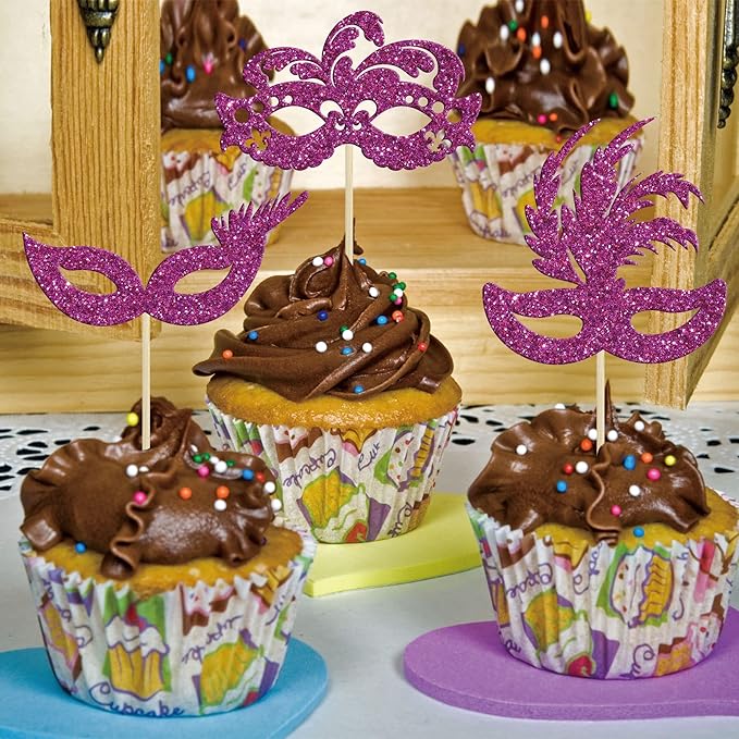 Gyufise 24Pcs Masquerade Masks Cupcake Toppers Purple Glitter Bachelorette Mask Cupcake Topper Mask Cake Picks Decorations for Masquerade Mardi Gras Party Baby Shower Birthday Party Supplies