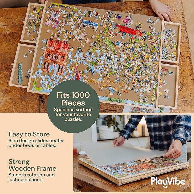 PlayVibe 1000 Piece Puzzle Board with Drawers and Cover - Portable Wooden Jigsaw Puzzle Tray with Drawers, Solve Station & Sturdy Table, Portable Outdoor Fun, Patio, Easter Gift Idea