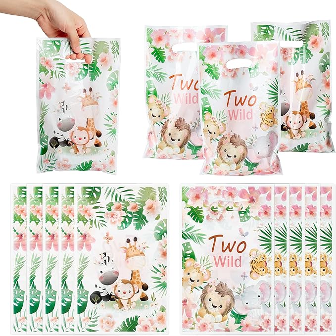 Two Wild Party Favor Bags - 50Pcs Jungle Safari Animals Goody Candy Treat Gifts Bags, Jungle Safari Themed Party Decorations for Kids Girls Boys Birthday Baby Shower Animal Theme Events Supplies