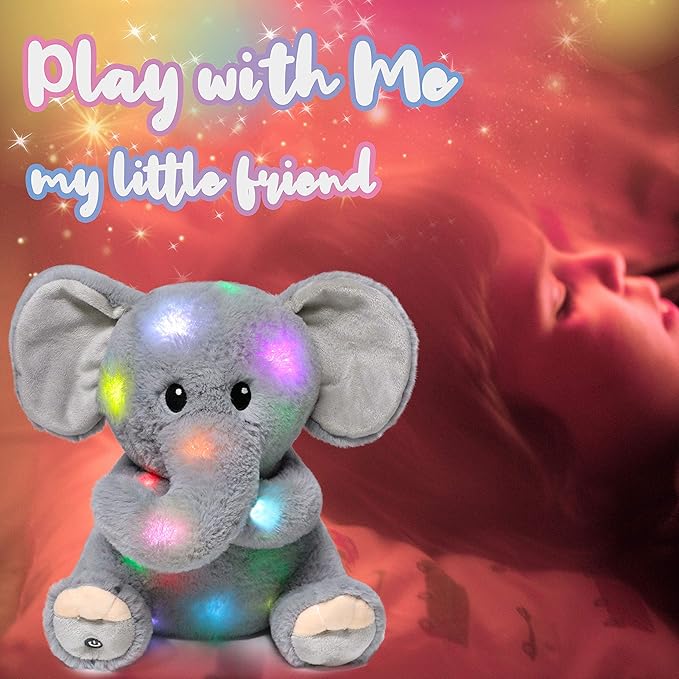 Hopearl LED Plush Elephant Lighting Up Stuffed Animal Floppy Night Lights Glow in The Dark Birthday Festival for Kids Toddler Girls, Gray, 11''