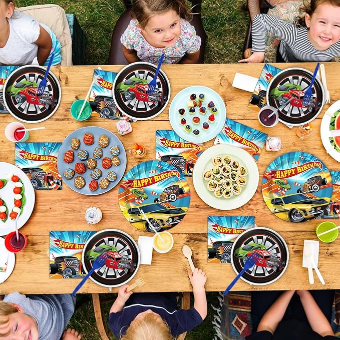 Tevxj 96 Pcs Racing Tableware Set - Hot Car Birthday Dinnerware - Disposable Plates, Napkins, Forks for Kids Boys - Happy Birthday Party Decorations Supplies for 24 Guests