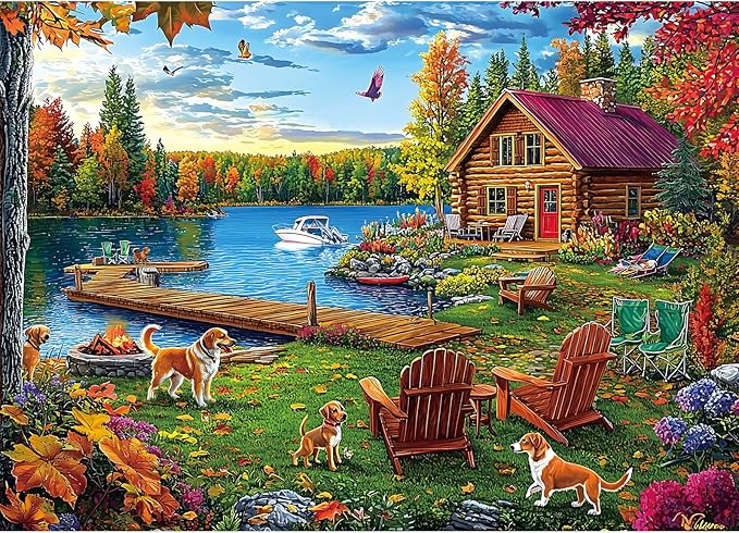 Autumn Lake House 1000 Piece Jigsaw Puzzle for Adults - Rustic Log Cabin, Dock & Fall Foliage Scenery with Dogs - Fun Landscape Challenging Gift for Game Night 27x20 Inches