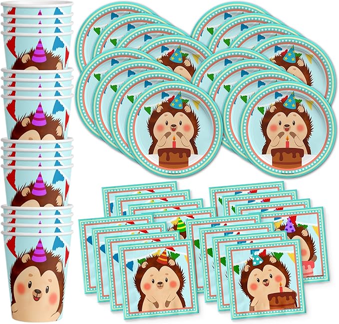 Birthday Galore Hedgehog Party Supplies for Kids and Adults - Fun Celebration Set with Plates, Napkins, Cups, Tableware, Quick Setup, Colorful Decorations and Fun Ideas for Birthday Events, Kit for 16