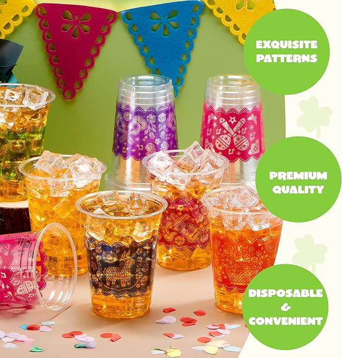 JOYIN 72 pcs Clear Plastic Cups, 16 oz Disposable Plastic Cups, Cinco De Mayo plastic champagne clear cups, cocktail Cup for Fiesta, Taco Night, and Mexican Themed Party Supplies