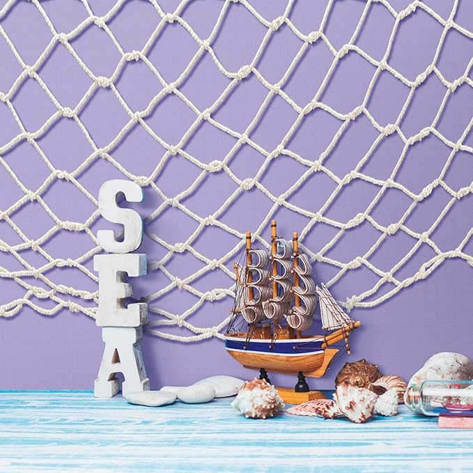 Unittype 6 Pcs Fish Net Decorative and Tablecloth Set, Cotton Fishnet and Plastic Table Cover Decorations Set for Nautical Themed Party Baby Shower Pirate Decorations Mermaid Party(Light Purple)