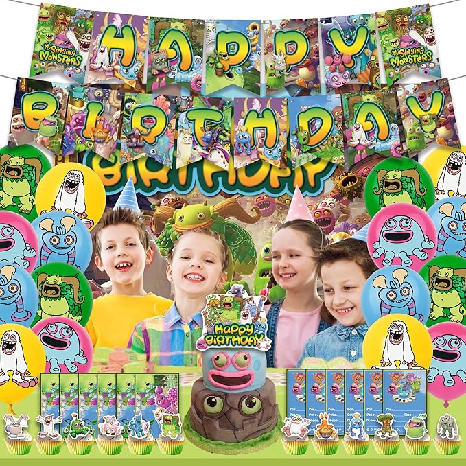 Monster Theme Birthday Party Supplies Includes Cupcake&Cake Topper-Happy Birthday Banner-Background-Balloons-Invitation Card for Kids Monster Party Decoration