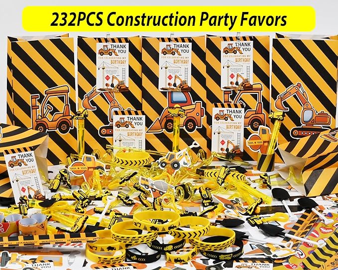 232PCS Construction Birthday Party Supplies Decorations Favors, Construction Theme Toys for Goodie Bag Stuffer, Pinata Filler Gifts