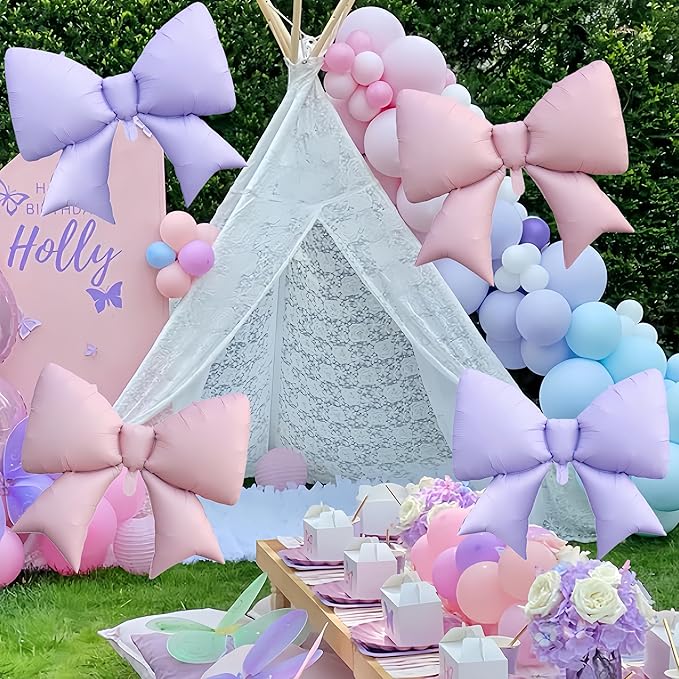 4 Pcs Giant Purple Bow Balloons 38 Inch/Lavender coquette Birthday Supplies/Tayl Singer Idol Demon Hunters Concert Balloon/Purple Bachelorette Bridal Engagement Wedding Anniversary Decor for Women