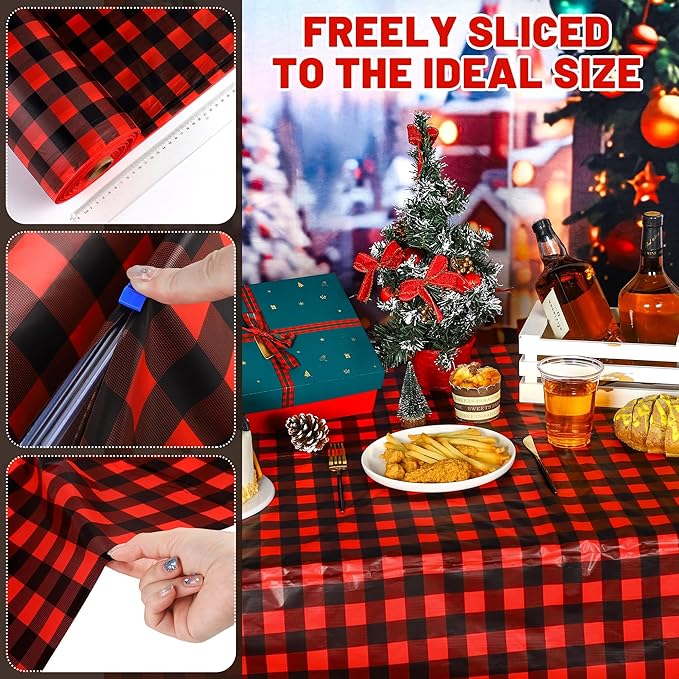 Kochorie 54 Inch x 300 Ft Red and Black Checkered Plastic Table Cloth Roll Disposable Red Black Buffalo Plaid Table Cover Roll with Easy Slide Cutter for Christmas Party/Home Dining/Decor