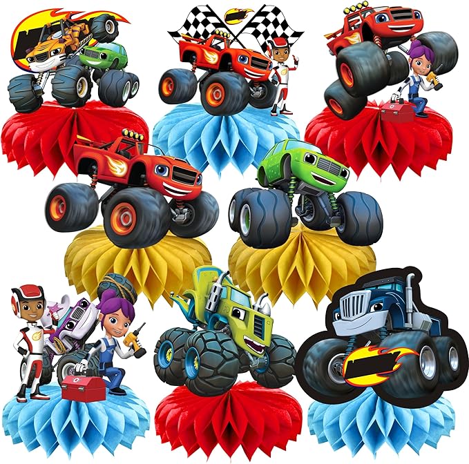 8Pcs Cartoon For Blaze and The Monster Honeycomb Table Centerpiece,Birthday Party Supplies Table Decorations for Party Decorations.