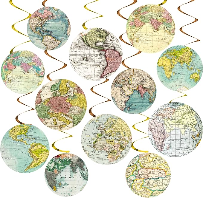 Globe Vintage World Map Hanging Swirls Travel Party Hanging Decorations Earth Globe Theme Ceiling Streamers for Travel Around The World Birthday Party Baby Shower Supplies