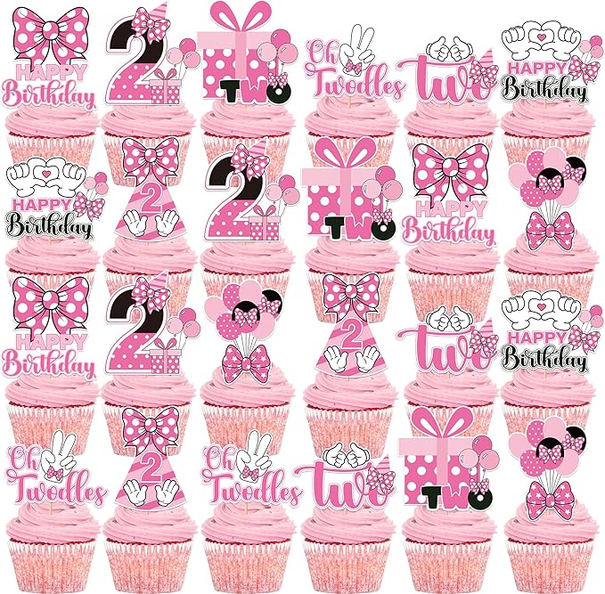 Oh Twodles Cupcake Toppers - 24 Pcs Pink and White Cartoon Mouse Bow Dots Cake Cupcakes Dessert Topper Decor Set 2nd Birthday Party Decorations Supplies Favors for Two Years Old Kids Girls