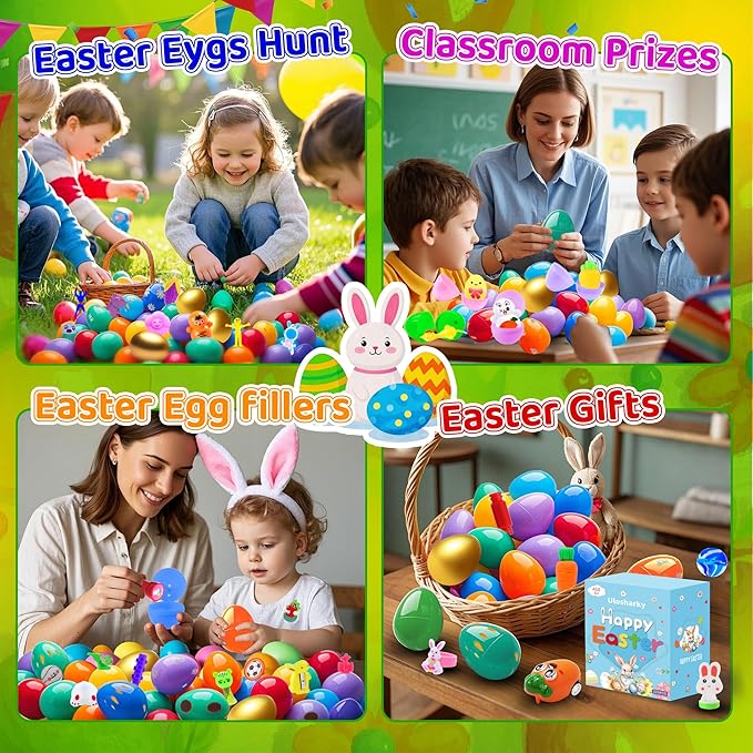 225Pack Prefilled Easter Eggs with Toys Inside for Easter Egg Hunting Basket Stuffers, Surprise Plastic Eggs Filled with Bulk Toys, Easter Party Supplies Gifts Classroom Prize for Kids
