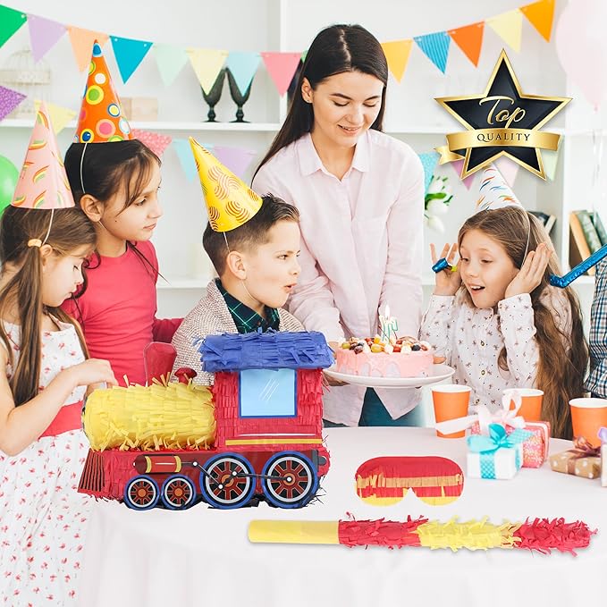3D Train Pinata Bundle with a Blindfold and Bat (16x10.6x6.7 Inches), Train Pinata for Boys Birthday Party Supplies, Perfect for Birthday Party, Train Theme Party, Decoration