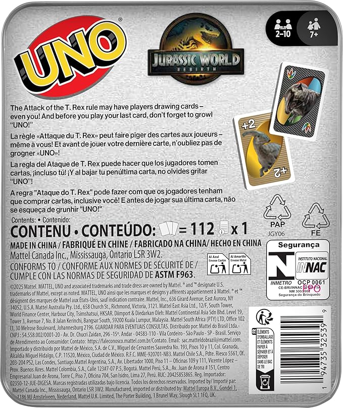 Mattel Games UNO Jurassic World Rebirth Card Game in a Collectible Tin for Kids, Adults & Family with Special Rule & Images Inspired by The Movie