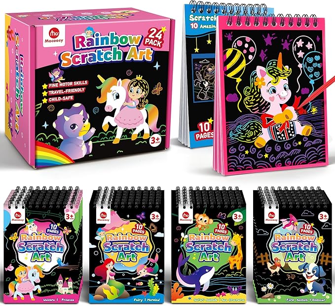Mocoosy 24 Pack Party Favors for Kids Ages 4-8-12, Easter Basket Stuffers Bulk, Rainbow Scratch Art Notebook, Coloring Book Goodie Bag Stuffers Toddler Boy Girl Birthday Gifts Student Classroom Prizes