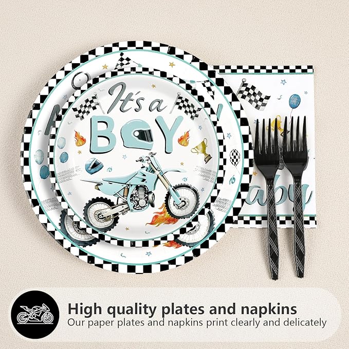96Pcs Motorcycle Birthday Party Decorations Dirt Bike Motocross Plates and Napkins Tableware Set Watercolor Motorbike Decorations Favors for Boys Kids Baby Shower Birthday Party Supplies Serves 24