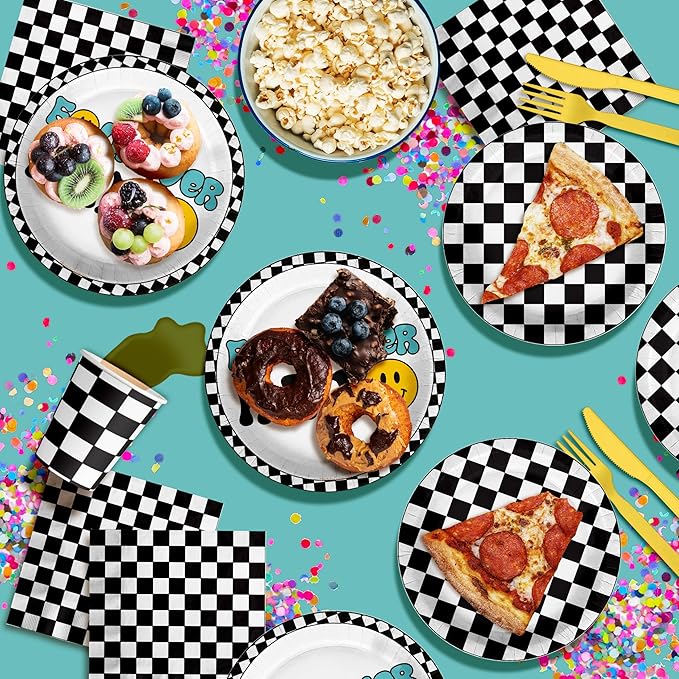 Fourever Rad Smiley Face 4th Birthday Party Supplies - 64 Piece Boys Fourth Birthday Tableware Set Includes Large 9" Dinner Plates and 8" Dessert Paper Plates Napkins Cups - Kit for 16