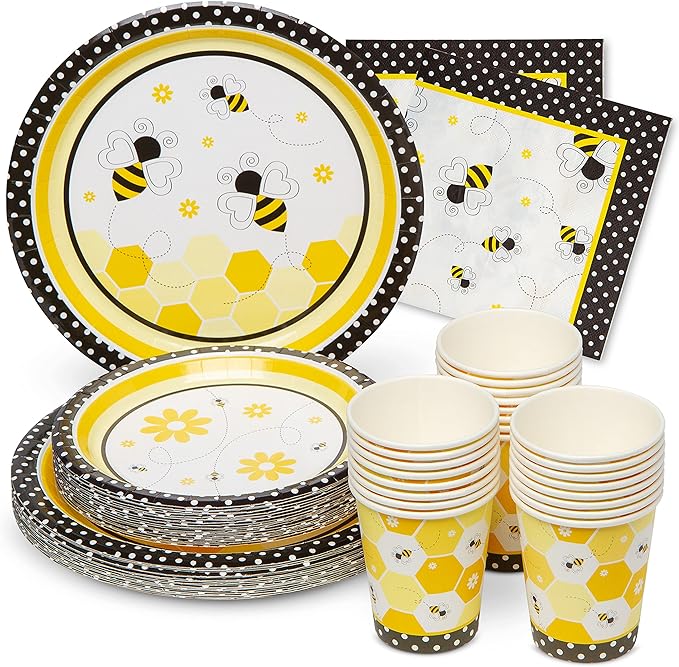 Royal Bluebonnet Bumble Bee Paper Plates - Set of 24-9 and 7 inch Plates, Napkins, and Cups What Will it Be Party Supplies, Sturdy 400 GSM Weighted Bee Baby Shower Decorations, Birthday