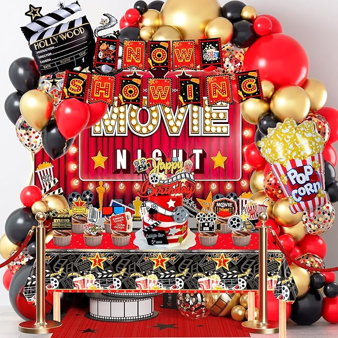 Movie Night Party Decorations, 84 Pcs Movie Night Party Supplies - Balloons Backdrop Tablecloth Banner etc Movie Theater Decorations