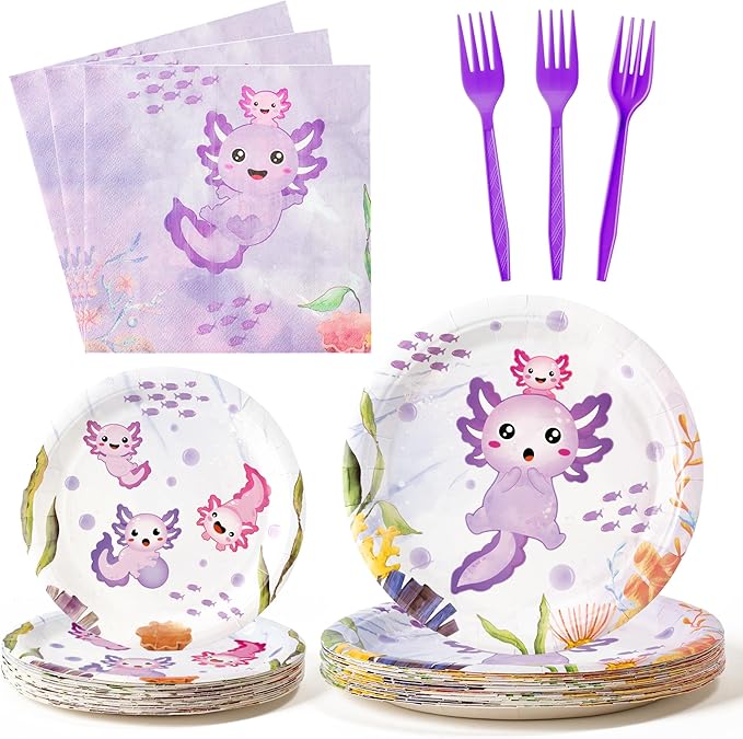 96Pcs Purple Axolotl Cute Cartoon Animals Party Plates Supplies Tableware Decorations Disposable Paper Plates Napkins Forks for Kids Birthday Baby Shower, Serves 24