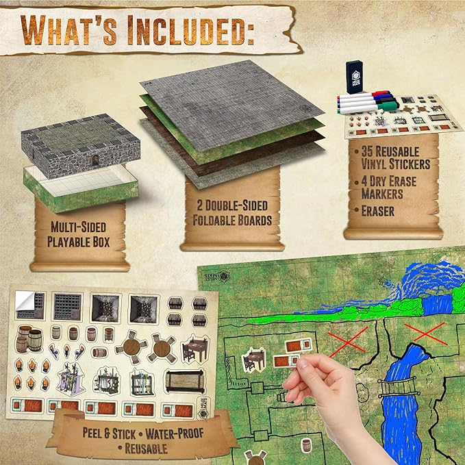 Melee Mats DND Map Starter Set - 22” x 26" Double Sided, Wet & Dry Erase Battle Terrain Grid for Dungeons and Dragons - Tabletop Board Gaming Kit with Accessories