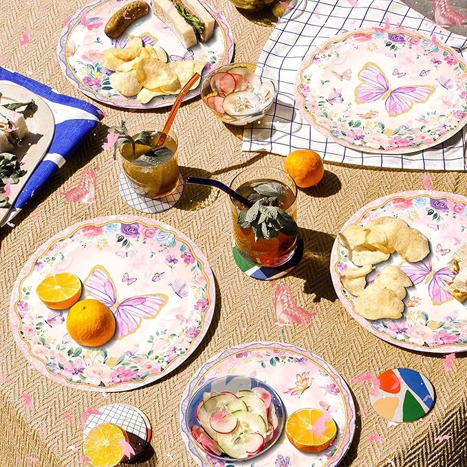 CANREVEL 96 PCS Butterfly Birthday Party Plates Serve 24, Butterfly Plates and Napkins Forks Set, Disposable Tableware for Party Supplies Decorations for Grils Kids Women