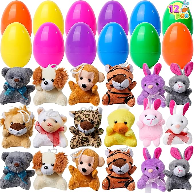 JOYIN 12 Pcs Prefilled Easter Eggs of Mini Stuffed Animal Plush Toys Basket Stuffer for Kids Easter Egg Hunt Filler and Party Favors, Classroom Prize Supplies