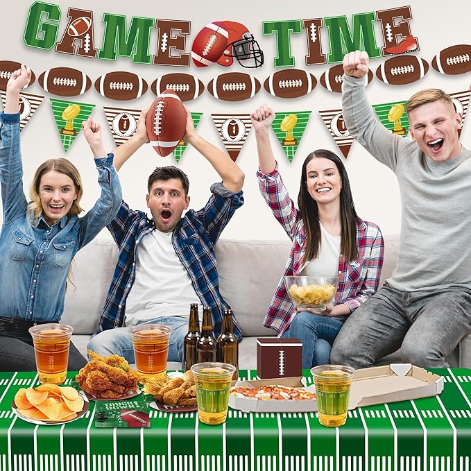 173PCS Football Party Supplies Kit for 24 Guests - Football Birthday Supplies with Paper Plate Napkin Big Cup Cutlery Banners Touchdown Tablecloth Tailgate Party Decorations(A)