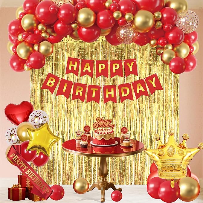 Red And Gold Birthday Decorations for Women,Fringe Curtains Happy Birthday Banner,Red balloons,Cake Toppers for girls