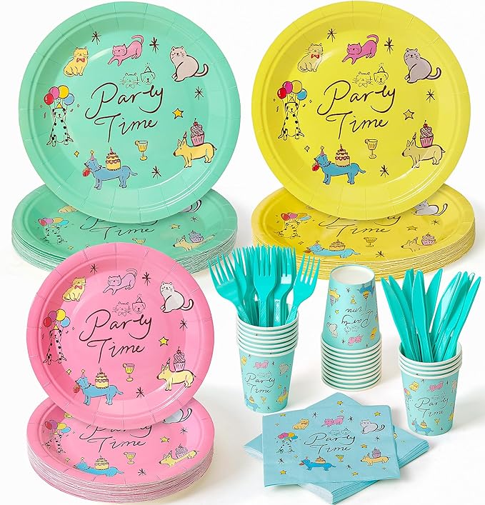 144Pcs Dog Cat Birthday Party Supplies Decorations Pet Themed Paper Plates Napkins Vintage Puppy Party Tableware Disposable Dinnerware Set for Kids Birthday Baby Shower Table Decor, Serve 24