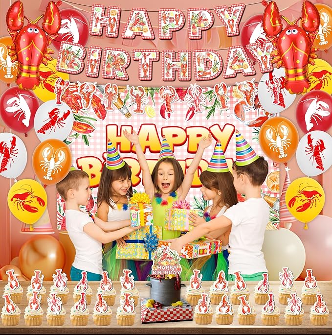 46Pcs Crawfish Boil Party Supplies Include Banner-Backdrop-Balloons-Cake Topper-Cupcake Toppers-Aluminum Film Balloons for Lobster Party Decorations