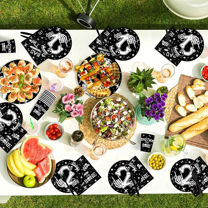 168Pcs Bad Two The Bone Birthday Party Supplies Rock And Roll Plates Napkins Cups Music Theme Tableware Sets 2 Years Old Decorations for 2nd Birthday Baby Shower Party Decorations Serves 24