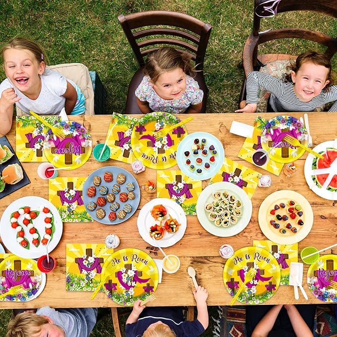 96 Pcs Easter Tableware Set He is Risen Plates Happy Easter Party Plates Easter Religious Plates and Napkins Paper Plates Napkins Forks for 24 Guests