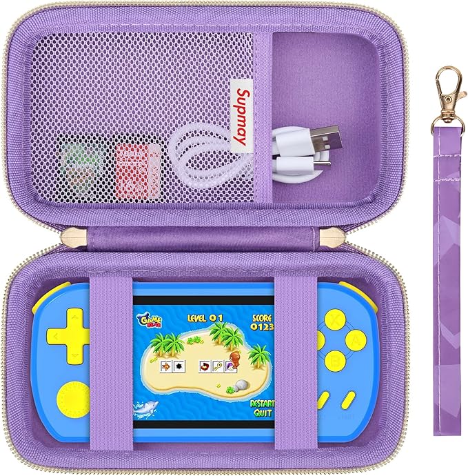 Supmay Carrying Case Compatible with CCTU / TEBIYOU Kids Handheld Games Preloaded 218 Retro Video Games, Portable Gaming Electronic Toys Storage Holder Travel Bag with Mesh Pocket, Purple(Cube)