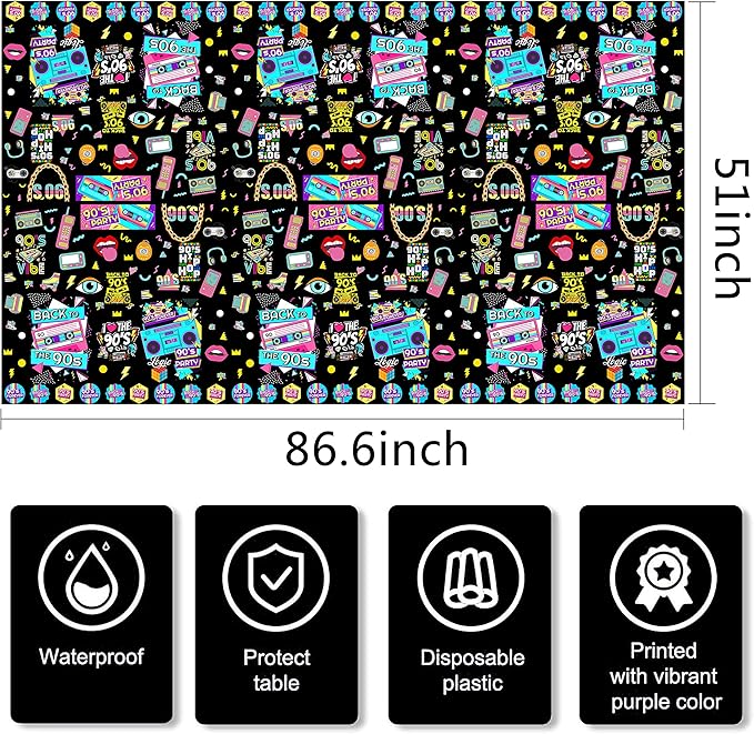 3 Pack 90’s Party Tablecloth, Back to 90s Hip Hop Party Birthday Table Cover for 1990s Theme Party Decorations Supplies