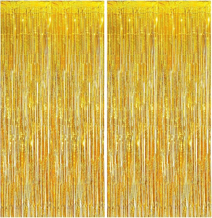 2 Pack Gold Foil Fringe Curtains, 3.3x6.6 Ft Metallic Tinsel Backdrop Party Decorations Door Gold Streamers for Birthday Wedding Engagement Decor,Photo Booth Props, Party Supplies