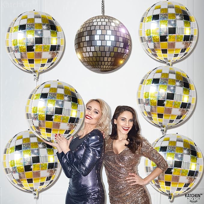 KatchOn, Multicolor Disco Ball Balloons - 22 Inch, Pack of 6 | 4D Sphere Disco Balloons for Black and Gold Birthday Decorations | Graduation Decorations 2026, Black and Gold Party Decorations