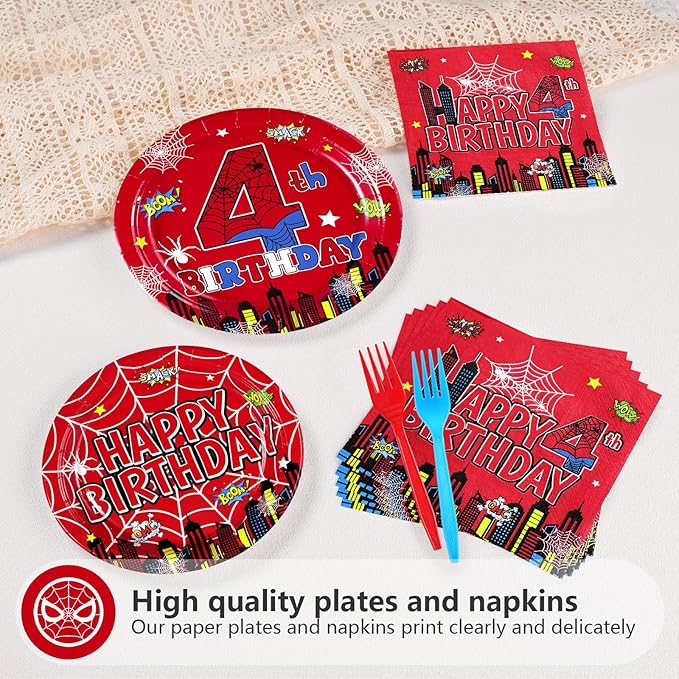 Grencian 96Pcs Spider 4th Birthday Party Supplies Red Blue Spider 4th Birthday Plates Disposable Cartoon Super Theme Hero Paper Tableware Set for Boys Kids Spider 4 Year Old Party Decorations Serve 24