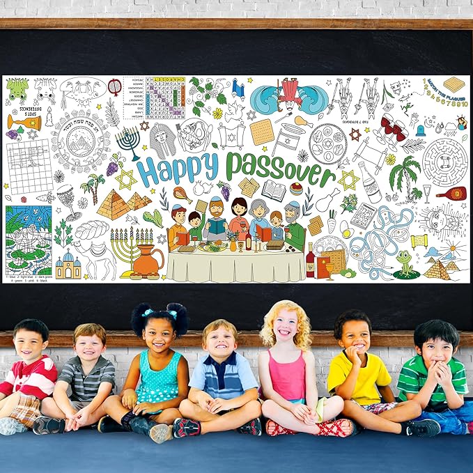 Happy Passover Large Coloring Tablecloth Poster for Kids, Pesach Jumbo Coloring Paper Poster Sheets, Passover Color-in Craft Activities for Kids Festive Seder Party Supplies Decorations, 30 x 72Inch