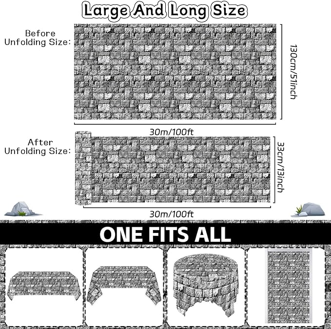 party greeting Brick Stone Wall Tablecloth Roll 100FT x 51 Inch Disposable Stone Wrapping Plastic Table Cover Castle Backdrop for Halloween Western Birthday Medieval Party Decoration Favors Supplies