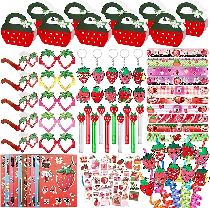 WHALEISLAND Strawberry Party Favor Sweet Berry gift bag Stickers Stampers Keychain Paper Straws Gift Rewards for Kids Girls Birthday Supplies