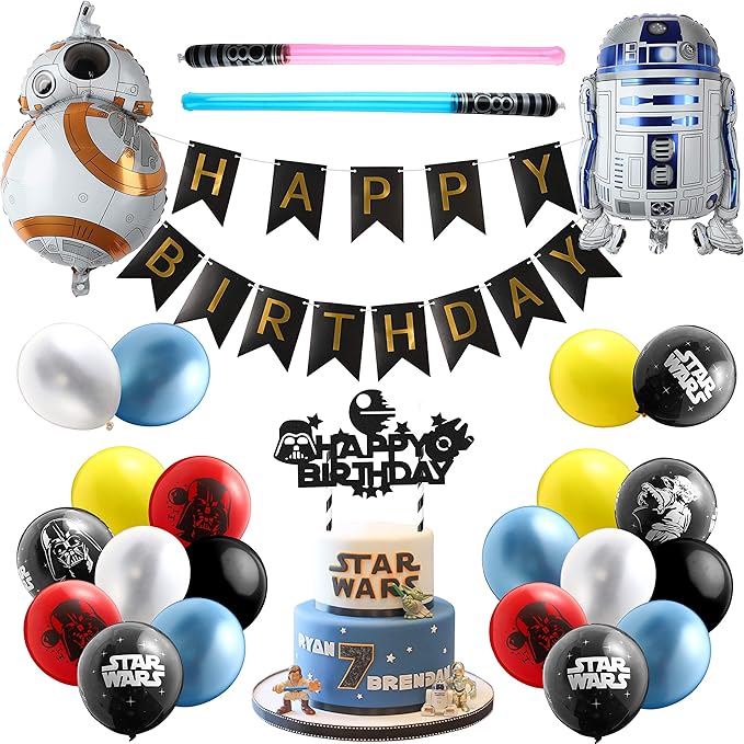 Haooryx 35PCS Galaxy Wars Birthday Party Favor Supplies for Kids, Black Series Birthday Banner Darth Vader Cake Topper Decoration Latex Balloons War Lightsaber BB8 Robot Aluminum Foil balloons