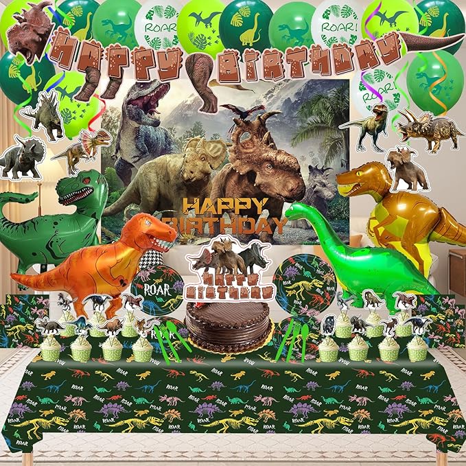 Dinosaur Birthday Party Supplies, Dinosaur Style Decorations Include Backdrop, Tablecloth, Banners, Cake Decoration, Cupcake Toppers, Latex and Aluminum foil Balloons, Hanging Swirls, Tableware Set