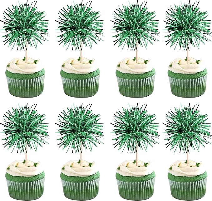 40 PCS Foil Firework Cupcake Toppers Green Sparkler Cupcake Picks Sparkle Tinsel Fireworks Decorations Cocktail Fruit Toothpick for Firework Theme Birthday Wedding Graduation Party Decoration Supplies