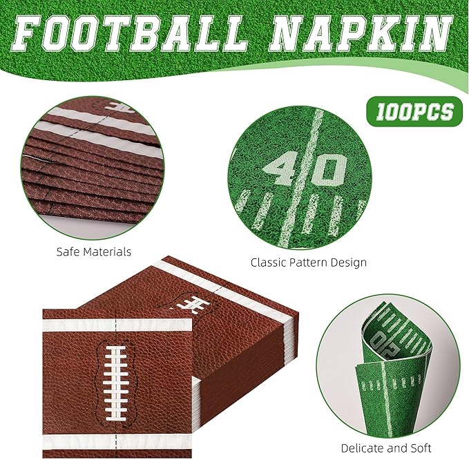 100-Pack Football Party Napkins, 2 Designs, 6.5 Inchs Disposable Paper Napkins, Football Birthday, Tailgate Party Decorations & Supplies