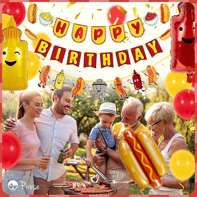 Pirese Hot Dog Birthday Decorations, Hot Dog Party Decorations with Pre-Strung Happy Birthday Banner, Hot Dog Balloons, Picnic BBQ Birthday Party Supplies, Hot Dog Birthday Party Decorations