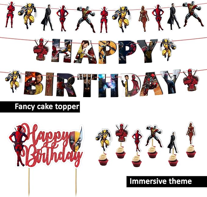 Dedpol Theme Birthday Party Supplies – Bold and Hilarious Comic-Inspired Party Decorations Set with Banner, Cupcake Toppers, Wrappers, Cake Topper – Funny Action Hero Style for Boys, Teens & Adults