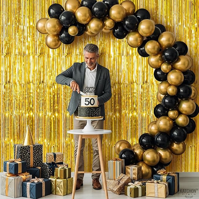 KatchOn, XtraLarge Gold Streamers Backdrop - 3.2x8 Feet, 2 Pcs | Gold Fringe Backdrop Curtain for Ramadan Decorations for Home, Casino, 50th Birthday Decoration | Graduation Decorations 2026